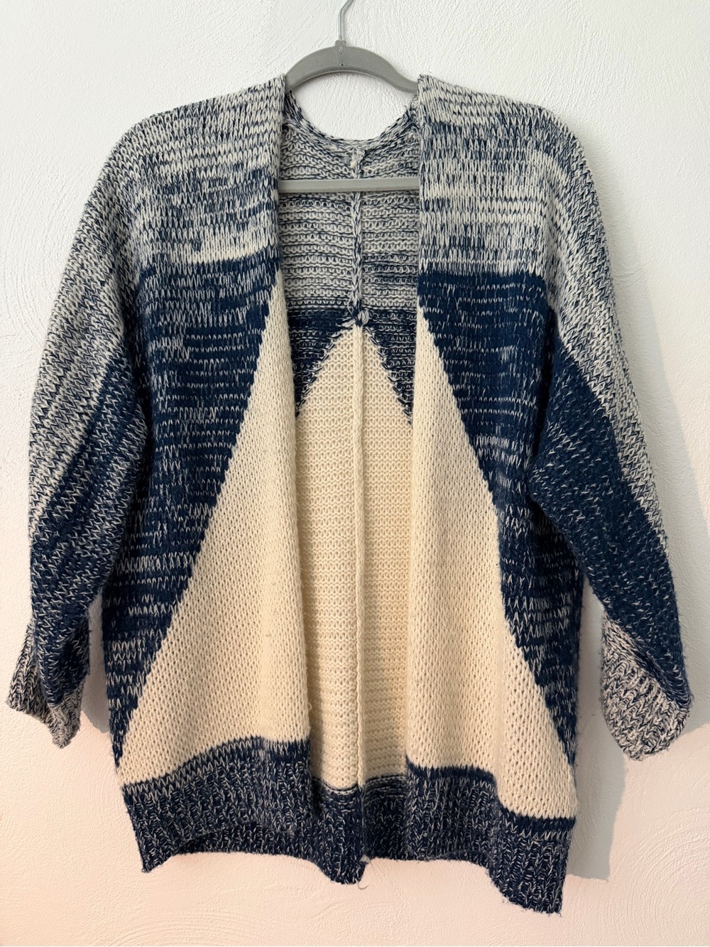 Open-Front Knit Cardigan Sweater - Navy and Cream